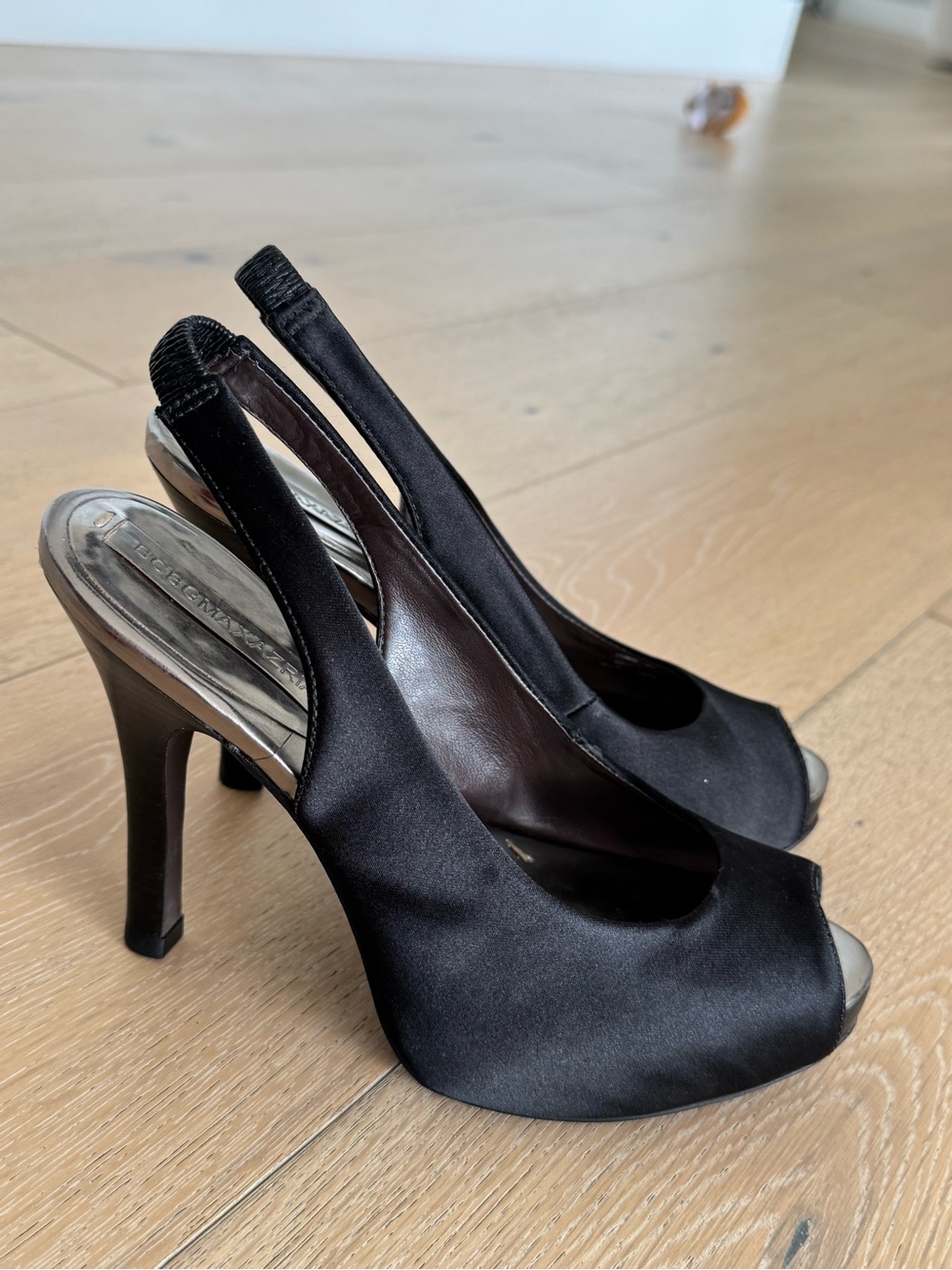 BCBGMaxAzria Black Satin Peep-Toe Slingback Heels